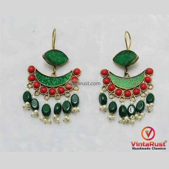 Green and Red Afghan Earrings: Kuchi Boho Dangle Earrings - Picture 2 of 5